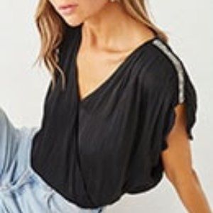 Black Satin Rhinestone Trim Surplice Top